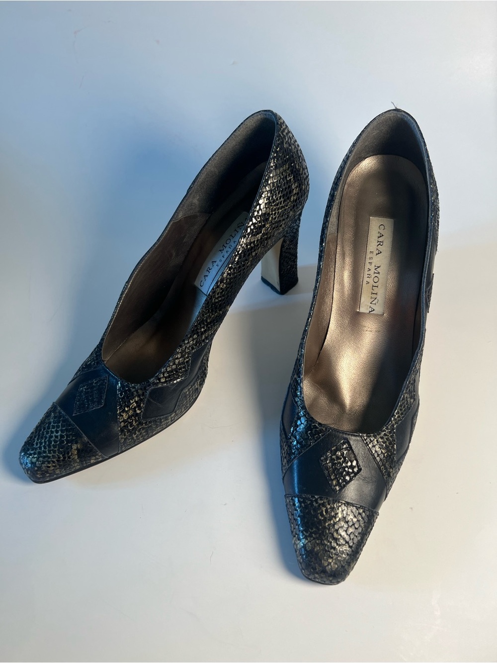 Vintage Cara Molina Espana Black Snakeskin Patchwork Mid-Heel Pumps Size 10
